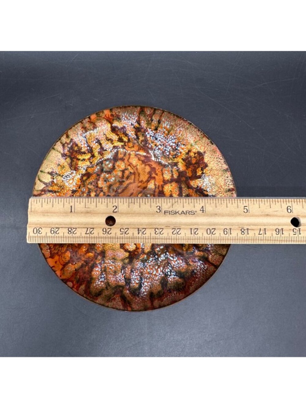 Vintage Bonnie Shopper Enamel On Copper Trinket Dish Mid Century Modern Orange - Picture 7 of 8